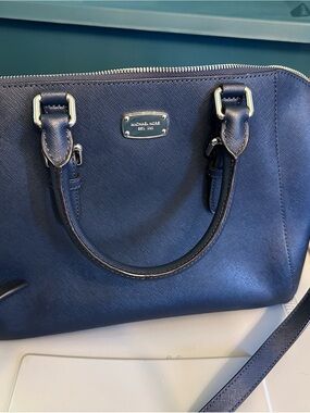 Michael Kors Navy Saffiano Leather Satchel with Silver Hardware